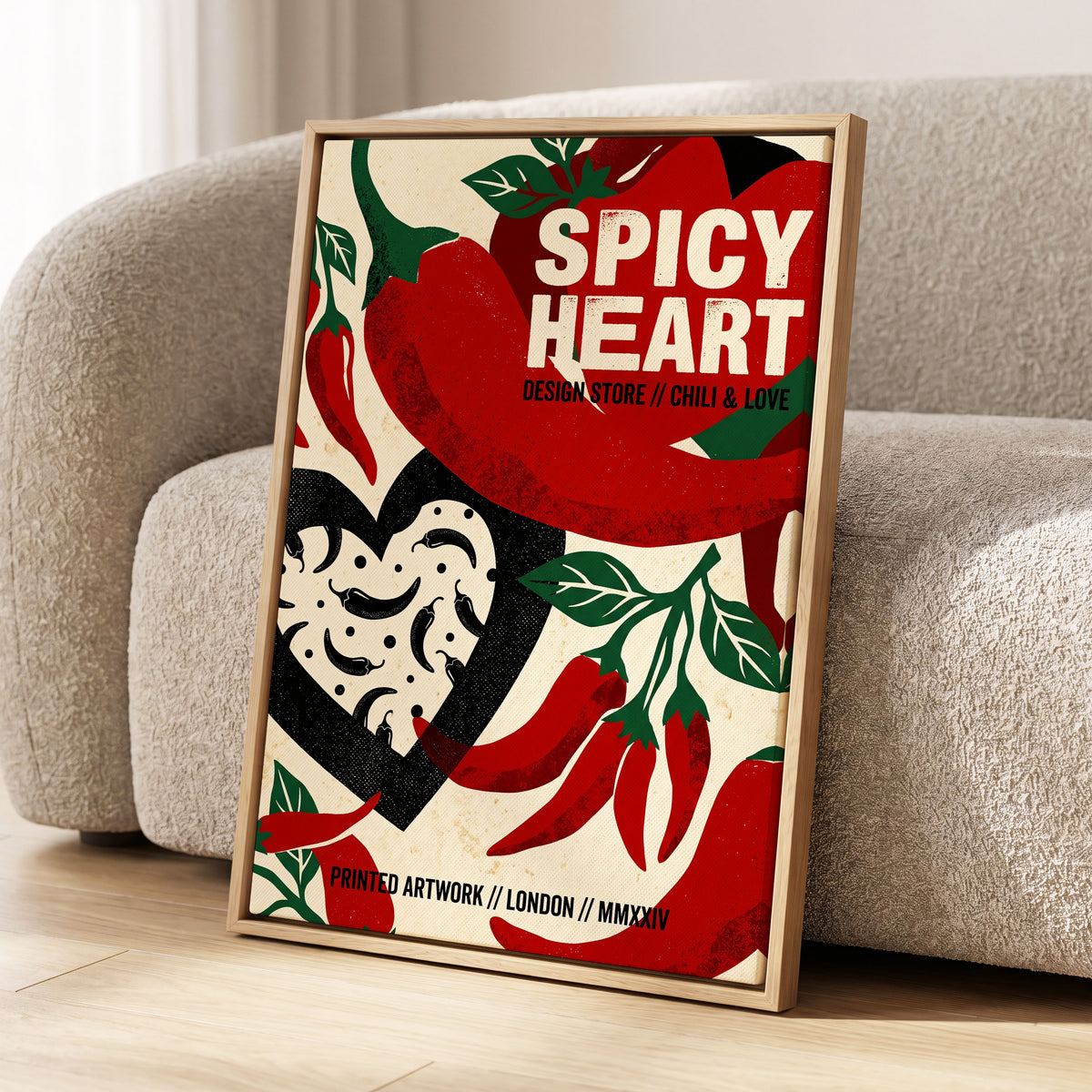 Chilli Heart, red, beige, black abstract wall art displayed in a styled interior, gallery view 2