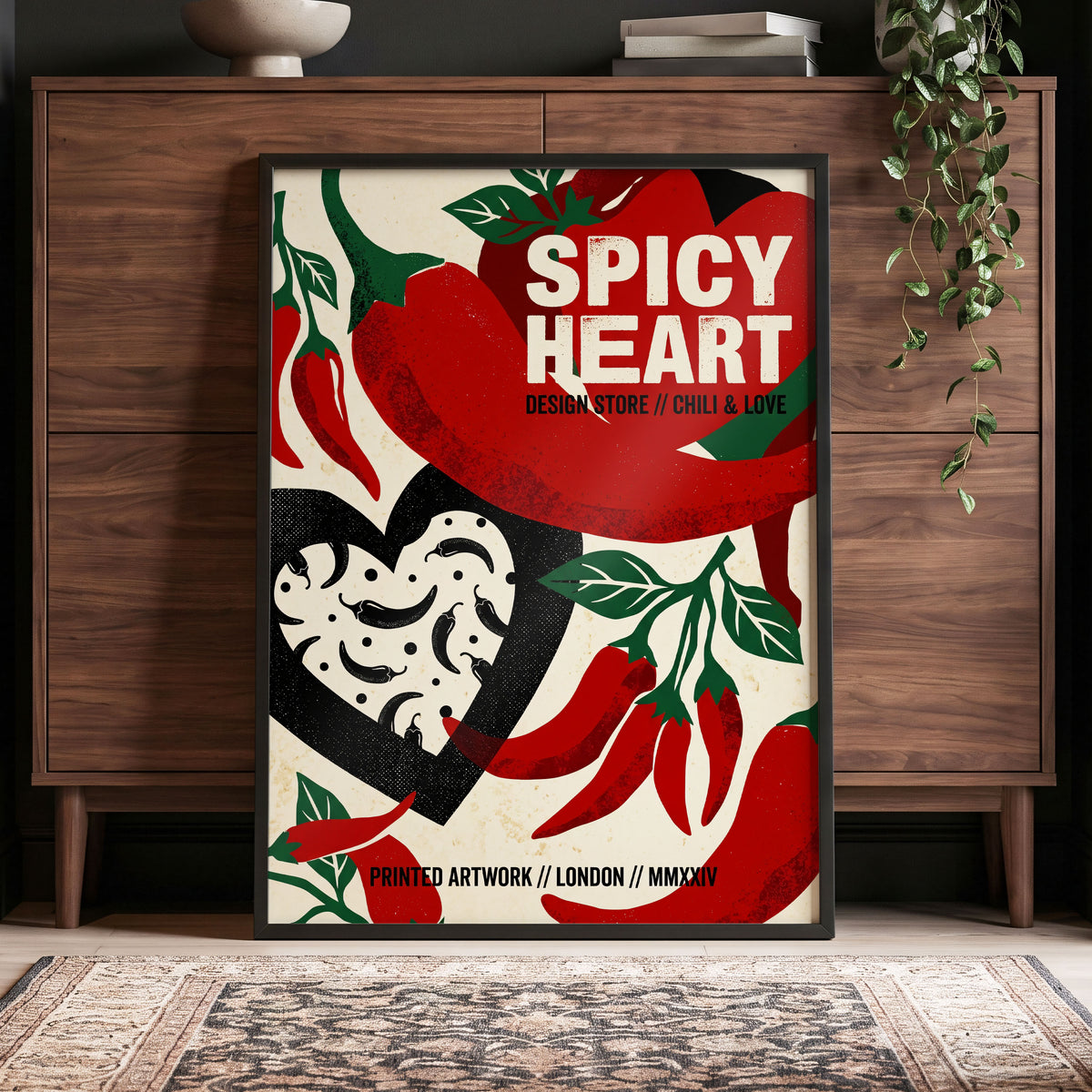 Chilli Heart, red, beige, black abstract wall art displayed in a styled interior, gallery view 5