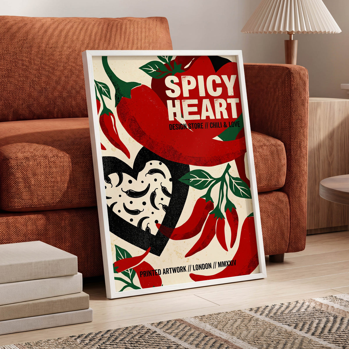Chilli Heart, red, beige, black abstract wall art displayed in a styled interior, gallery view 6