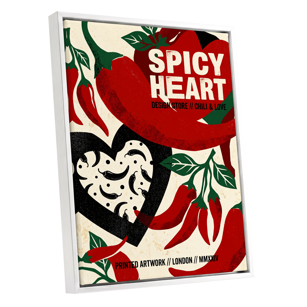 Chilli Heart, red, beige, black abstract wall art shown as a white framed canvas wall art