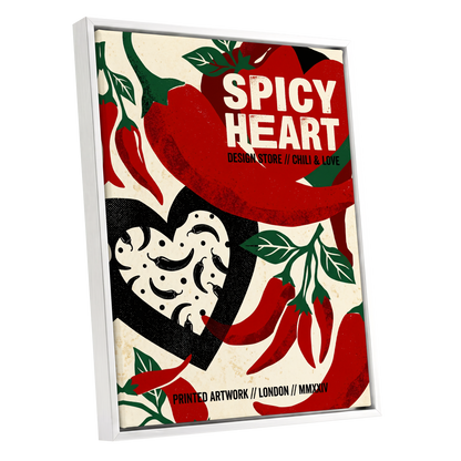 Chilli Heart, red, beige, black abstract wall art shown as a white framed canvas wall art