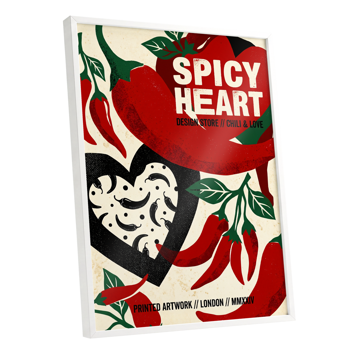 Chilli Heart, red, beige, black abstract wall art shown as a white framed poster wall art print
