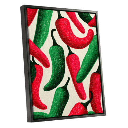 Chilli Rhythm, red, green, beige nature wall art shown as a black framed canvas wall art