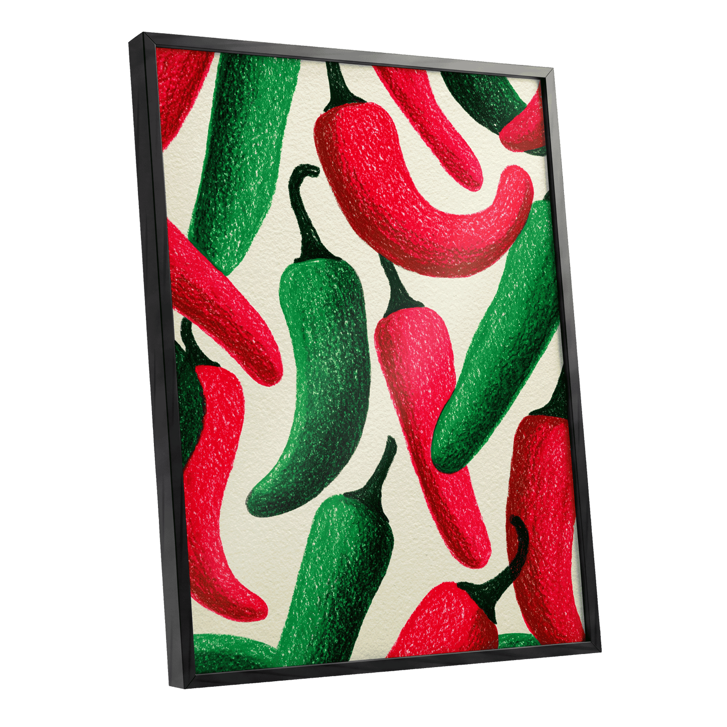 Chilli Rhythm, red, green, beige nature wall art shown as a black framed poster wall art print