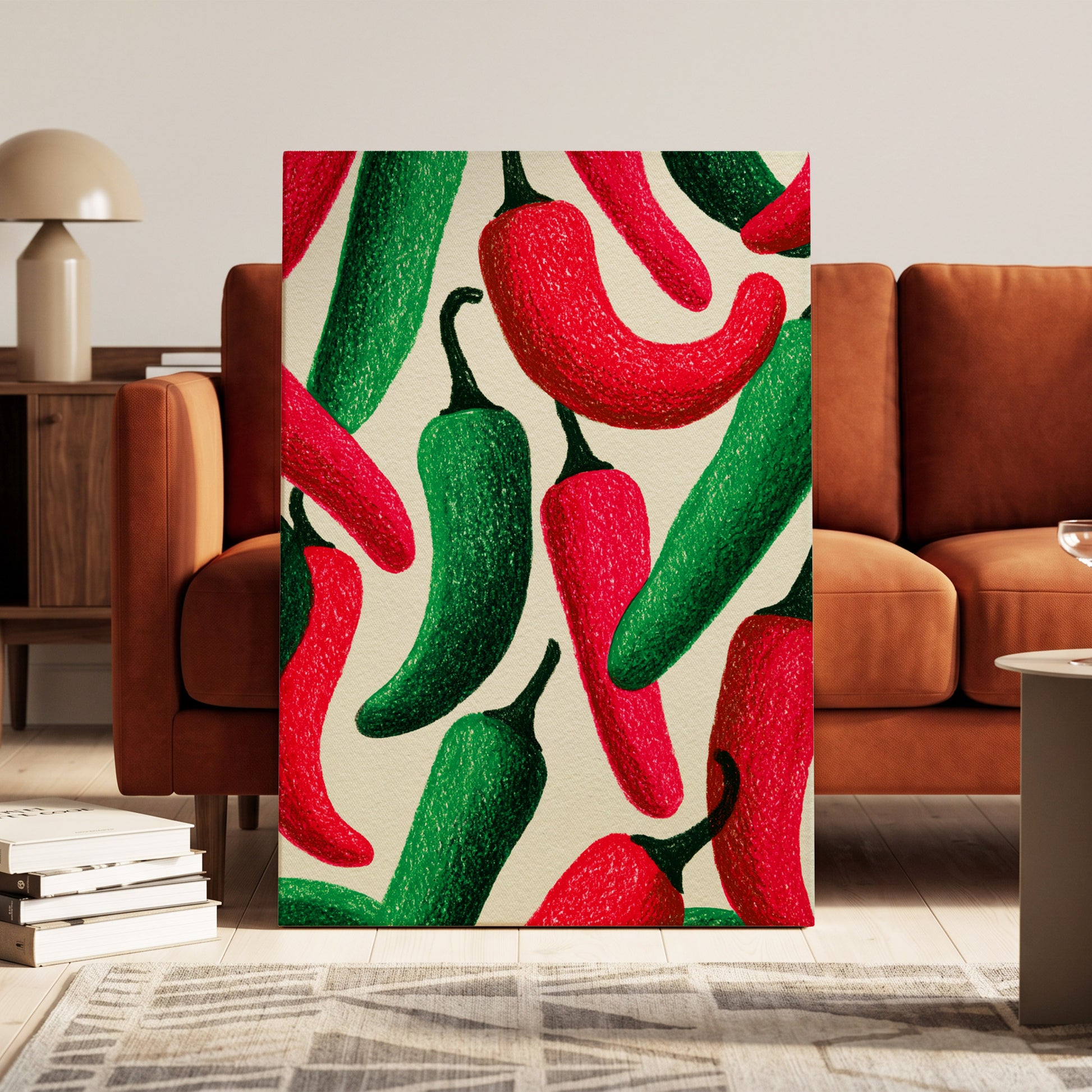 Chilli Rhythm, red, green, beige nature wall art on canvas displayed in a styled interior, gallery view 1