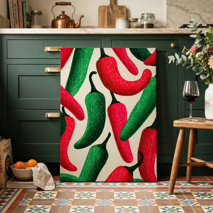 Chilli Rhythm, red, green, beige nature wall art on canvas displayed in a styled interior, gallery view 2