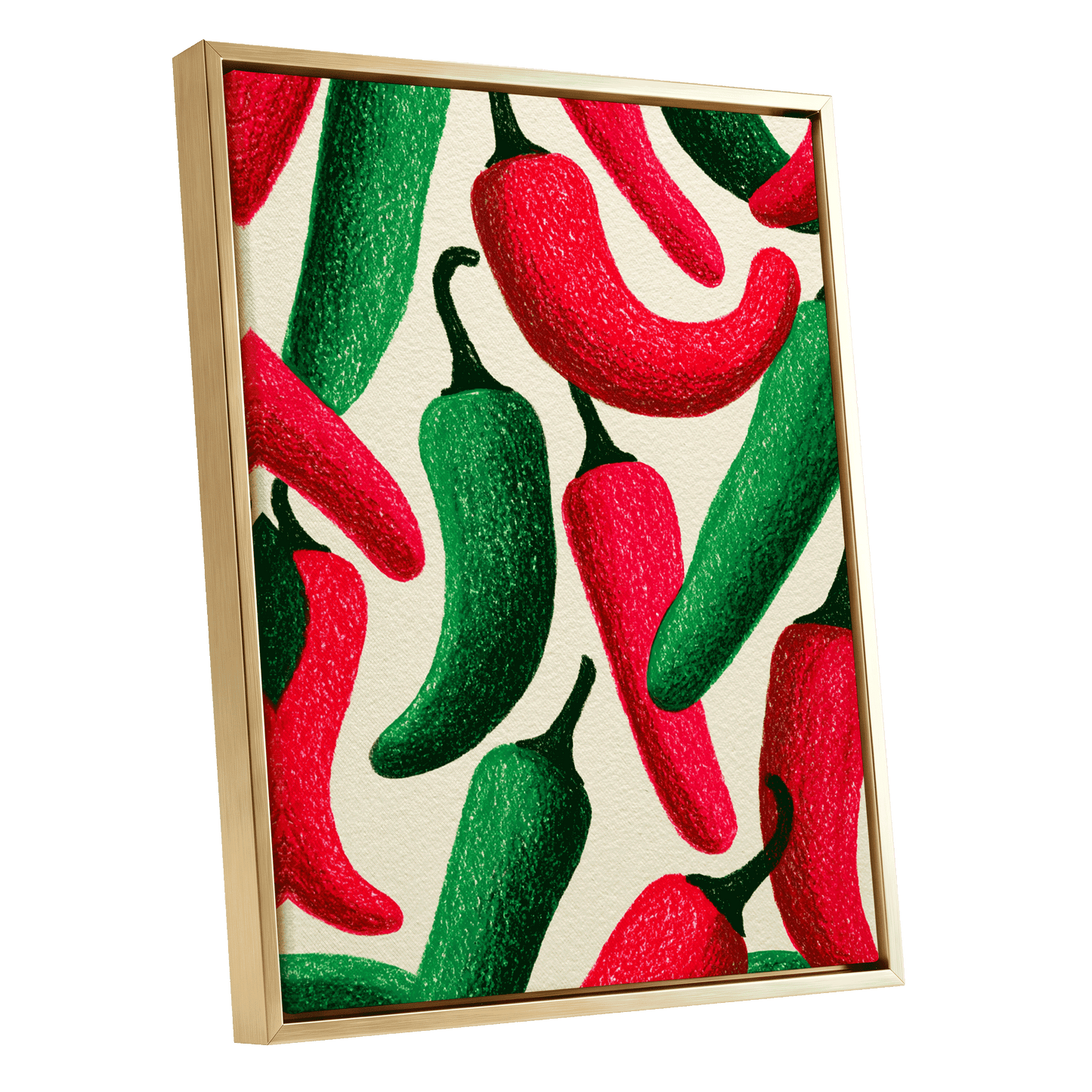 Chilli Rhythm, red, green, beige nature wall art shown as a gold framed canvas wall art