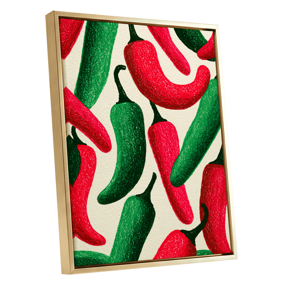 Chilli Rhythm, red, green, beige nature wall art shown as a gold framed canvas wall art