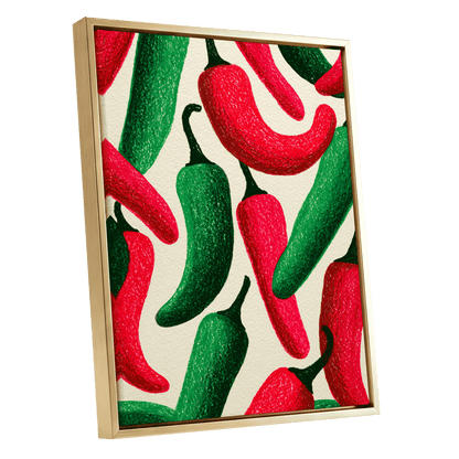 Chilli Rhythm, red, green, beige nature wall art shown as a gold framed canvas wall art