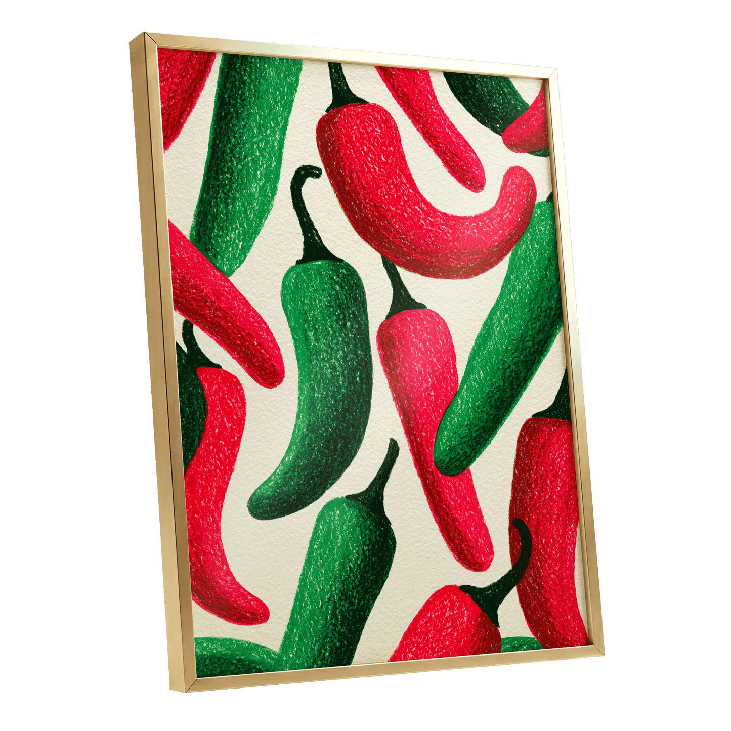 Chilli Rhythm, red, green, beige nature wall art shown as a gold framed poster wall art print