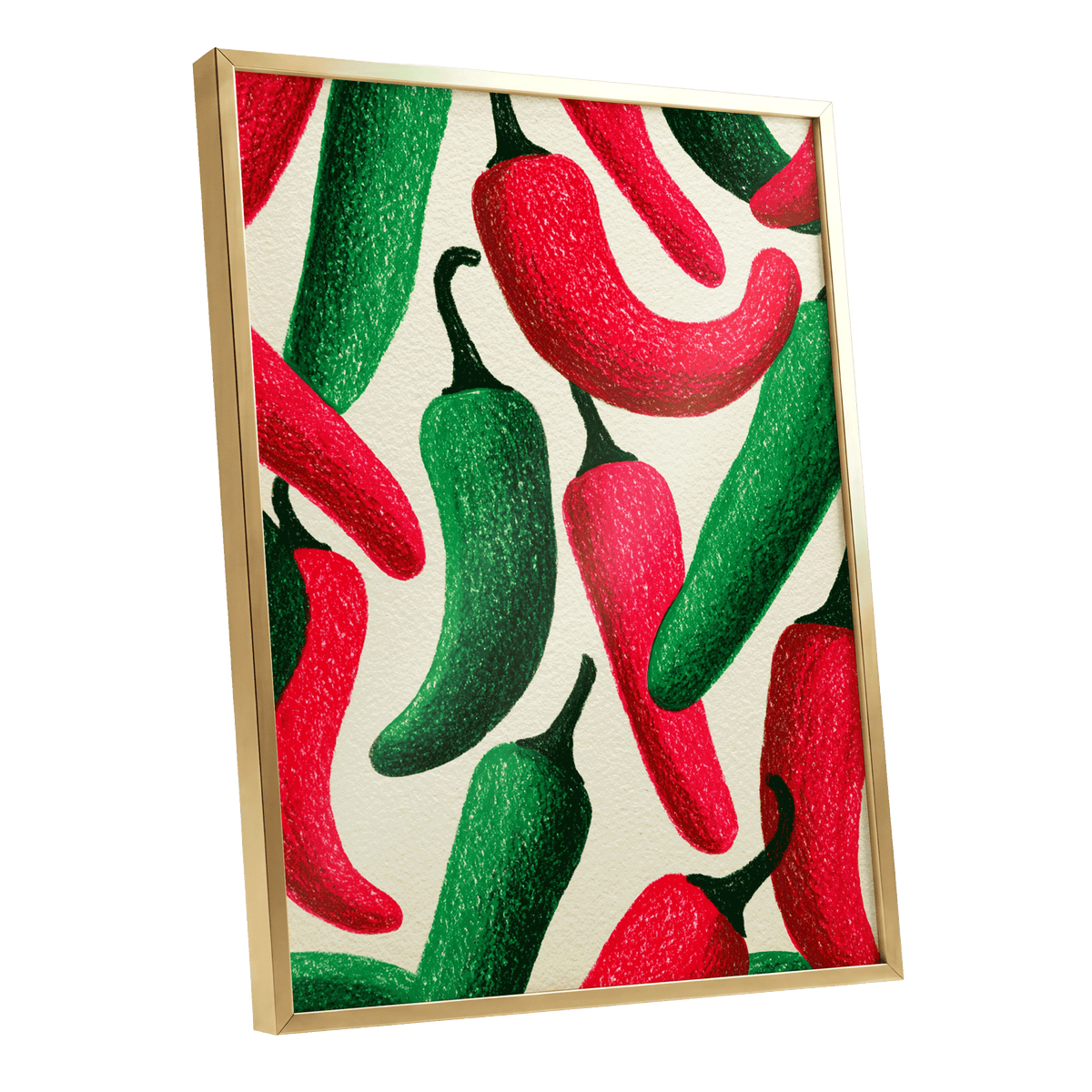 Chilli Rhythm, red, green, beige nature wall art shown as a gold framed poster wall art print