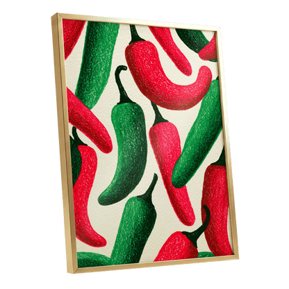 Chilli Rhythm, red, green, beige nature wall art shown as a gold framed poster wall art print
