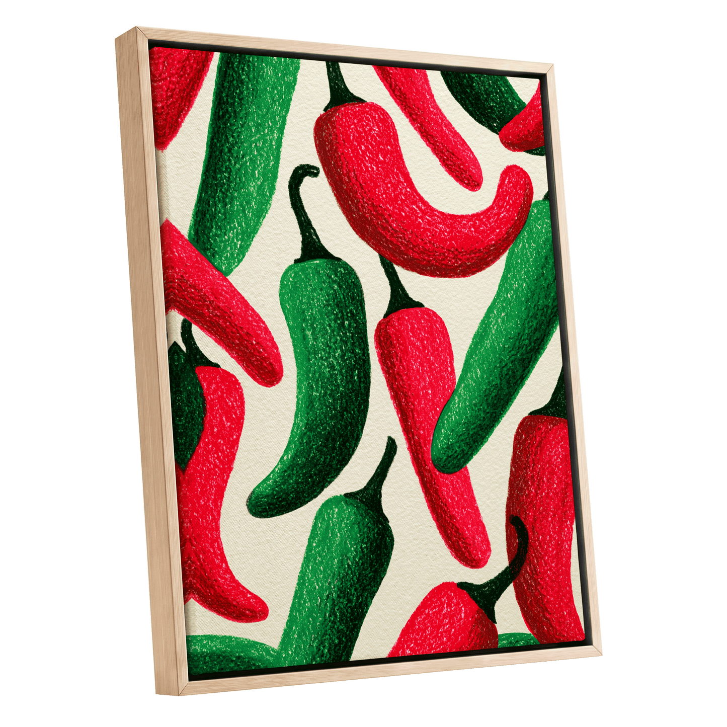 Chilli Rhythm, red, green, beige nature wall art shown as a oak framed canvas wall art
