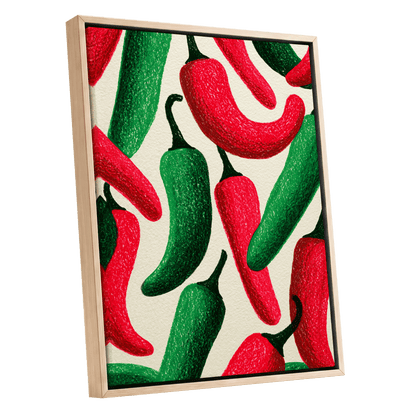 Chilli Rhythm, red, green, beige nature wall art shown as a oak framed canvas wall art