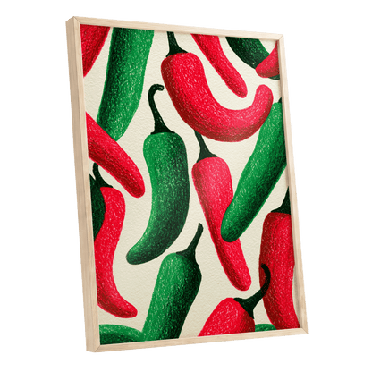 Chilli Rhythm, red, green, beige nature wall art shown as a oak framed poster wall art print