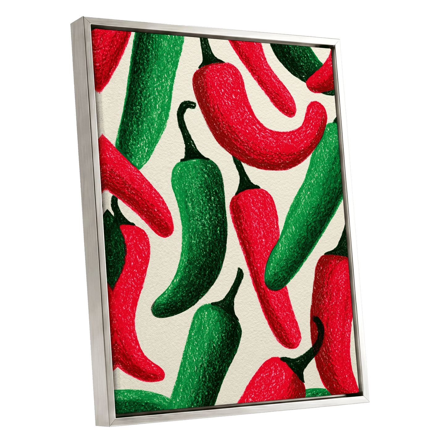 Chilli Rhythm, red, green, beige nature wall art shown as a silver framed canvas wall art