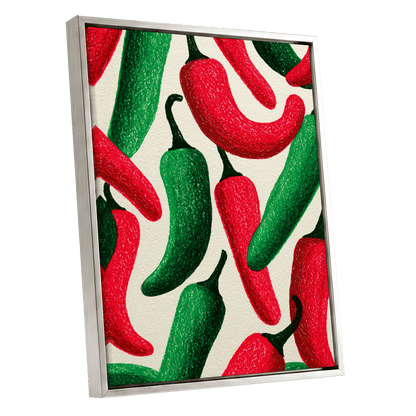 Chilli Rhythm, red, green, beige nature wall art shown as a silver framed canvas wall art