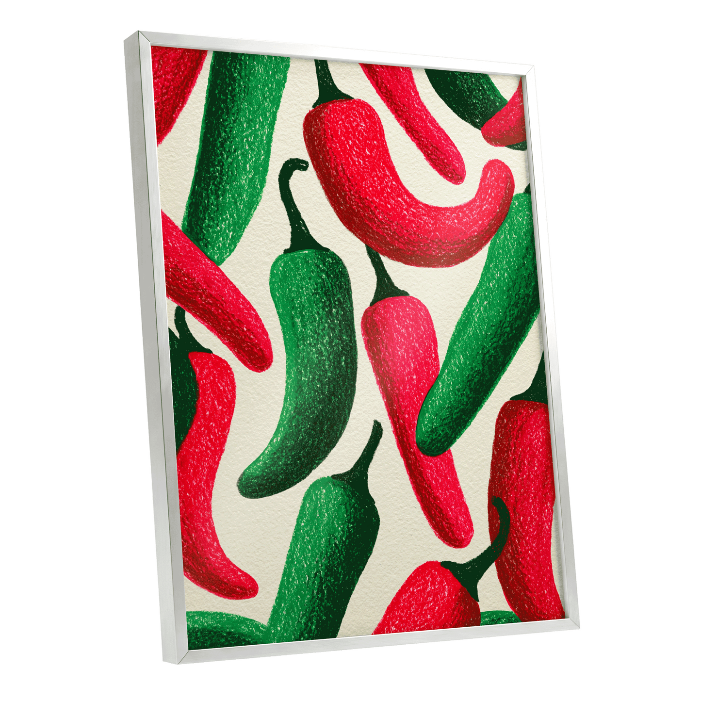 Chilli Rhythm, red, green, beige nature wall art shown as a silver framed poster wall art print