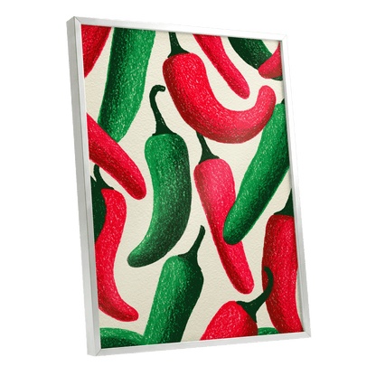 Chilli Rhythm, red, green, beige nature wall art shown as a silver framed poster wall art print