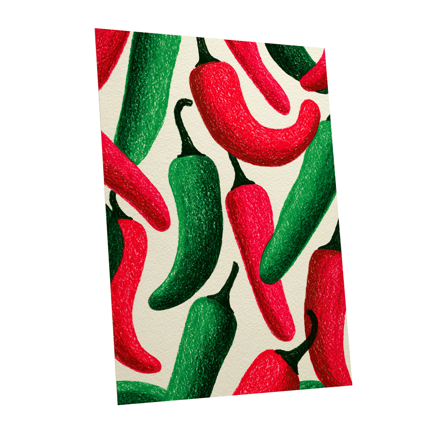 Chilli Rhythm, red, green, beige nature wall art shown as a unframed poster wall art print