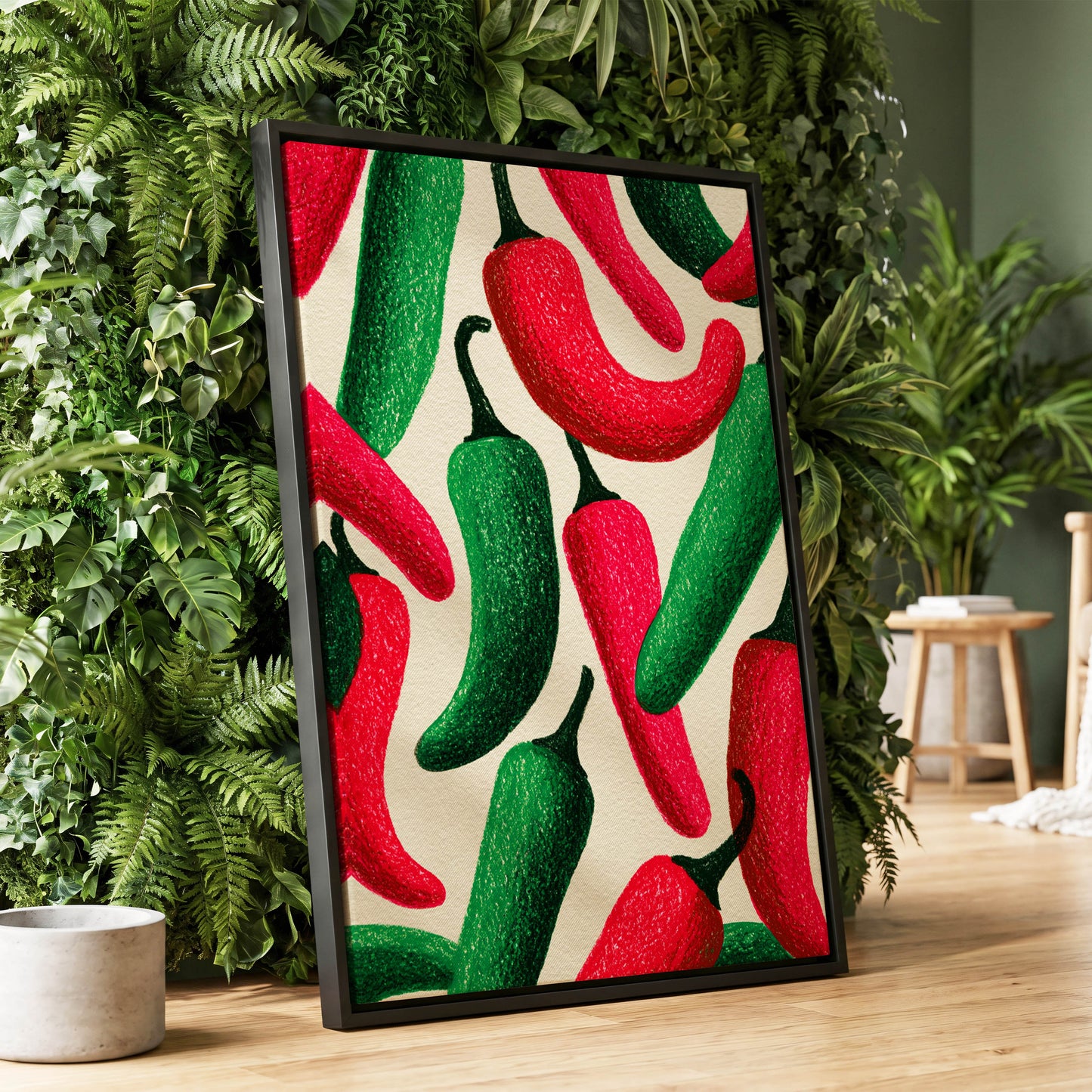 Chilli Rhythm, red, green, beige nature wall art displayed in a styled interior, gallery view 1