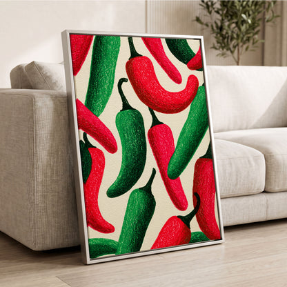 Chilli Rhythm, red, green, beige nature wall art displayed in a styled interior, gallery view 2