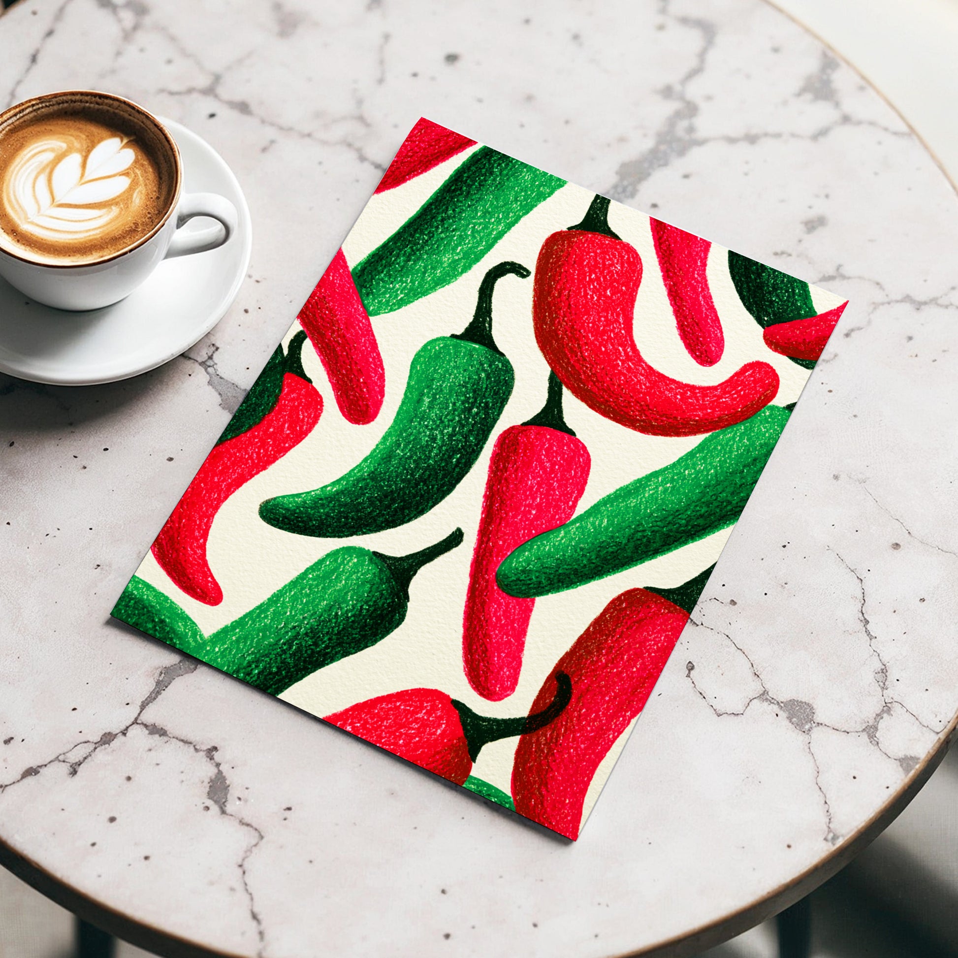 Chilli Rhythm, red, green, beige nature wall art displayed in a styled interior, gallery view 3