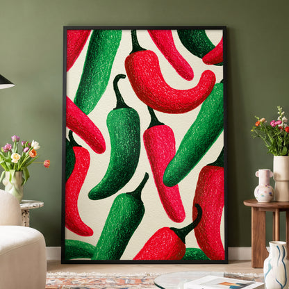 Chilli Rhythm, red, green, beige nature wall art displayed in a styled interior, gallery view 4