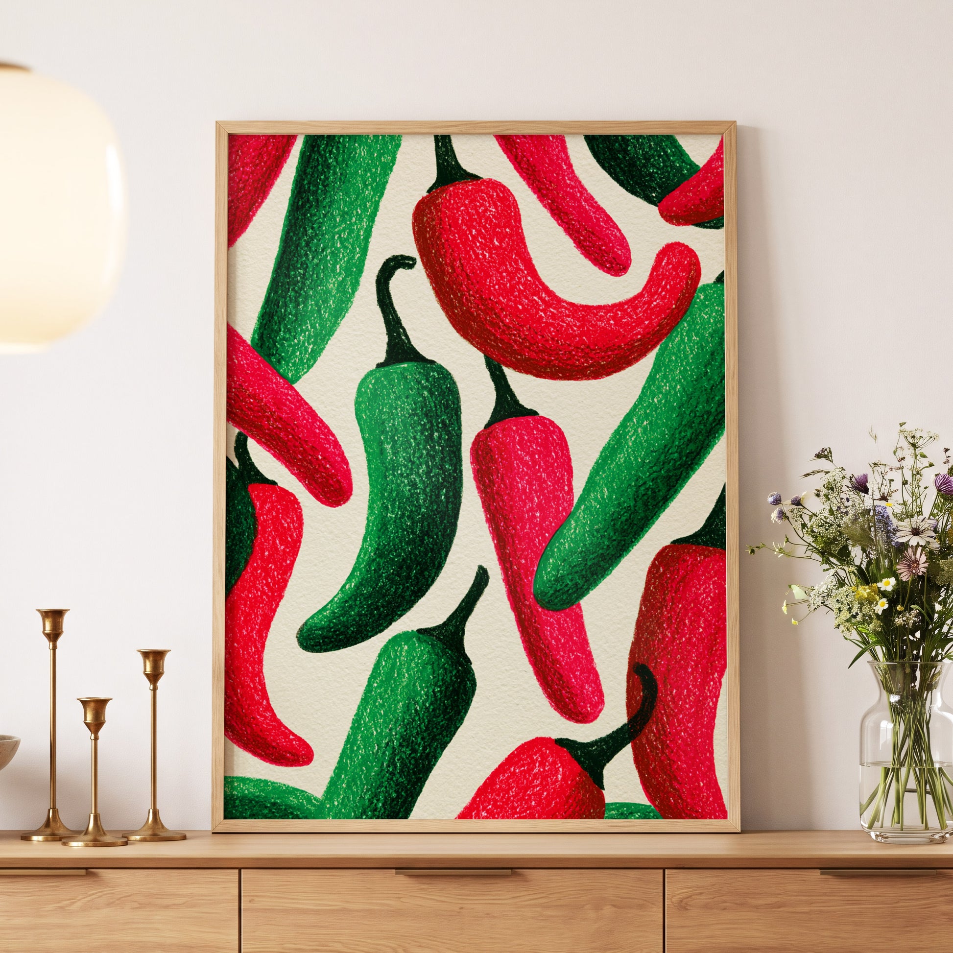 Chilli Rhythm, red, green, beige nature wall art displayed in a styled interior, gallery view 5