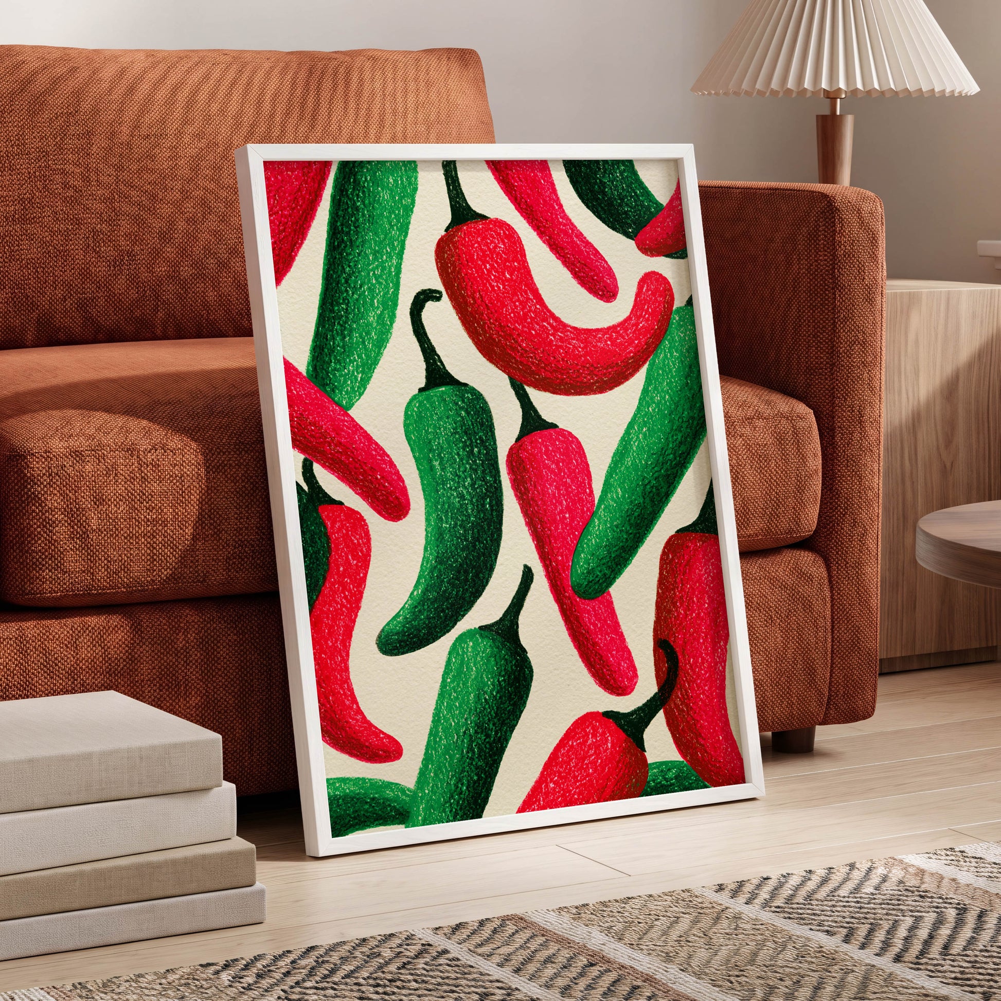 Chilli Rhythm, red, green, beige nature wall art displayed in a styled interior, gallery view 6