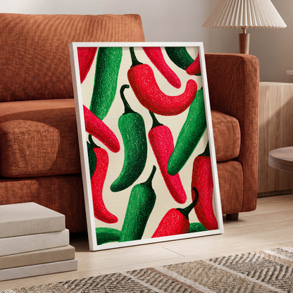 Chilli Rhythm, red, green, beige nature wall art displayed in a styled interior, gallery view 6