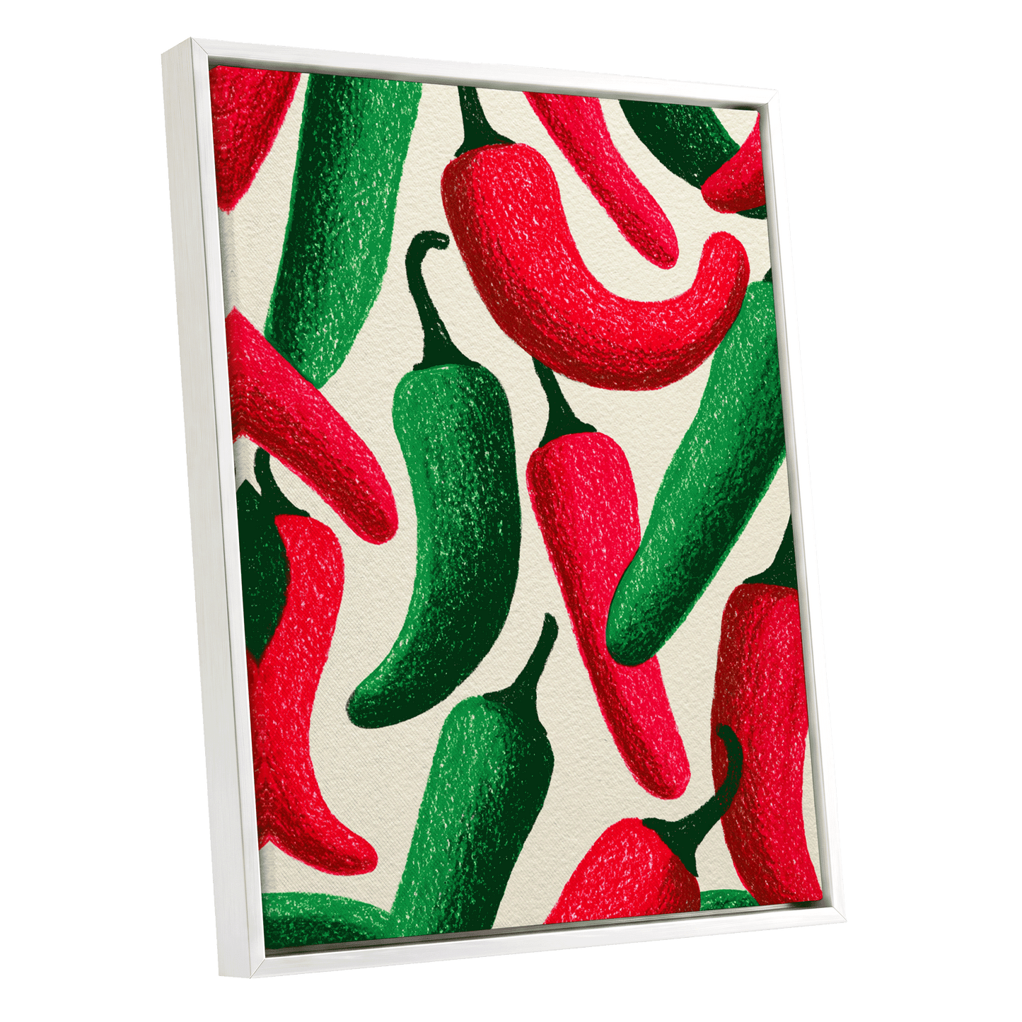 Chilli Rhythm, red, green, beige nature wall art shown as a white framed canvas wall art