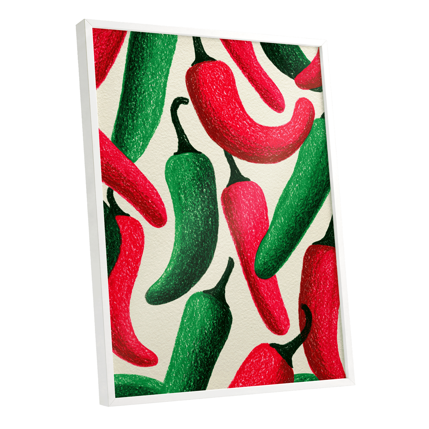 Chilli Rhythm, red, green, beige nature wall art shown as a white framed poster wall art print