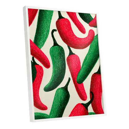 Chilli Rhythm, red, green, beige nature wall art shown as a white framed poster wall art print