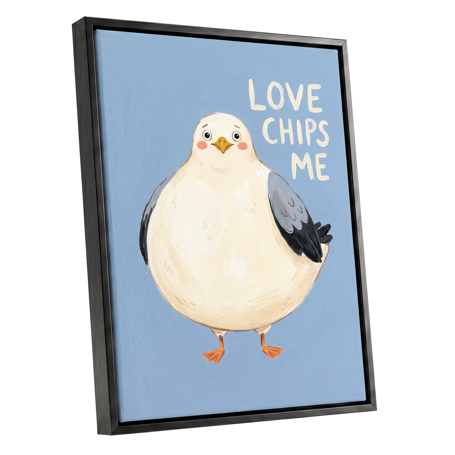 Chips, Please!, blue, white, beige nature wall art shown as a black framed canvas wall art