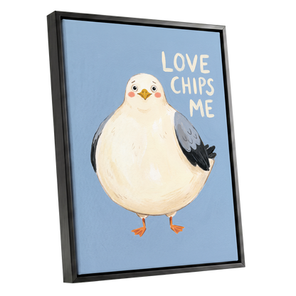 Chips, Please!, blue, white, beige nature wall art shown as a black framed canvas wall art