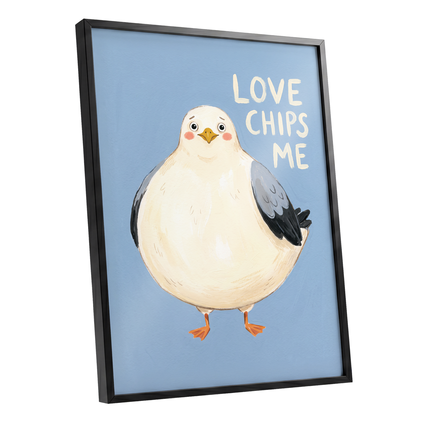 Chips, Please!, blue, white, beige nature wall art shown as a black framed poster wall art print