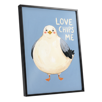 Chips, Please!, blue, white, beige nature wall art shown as a black framed poster wall art print