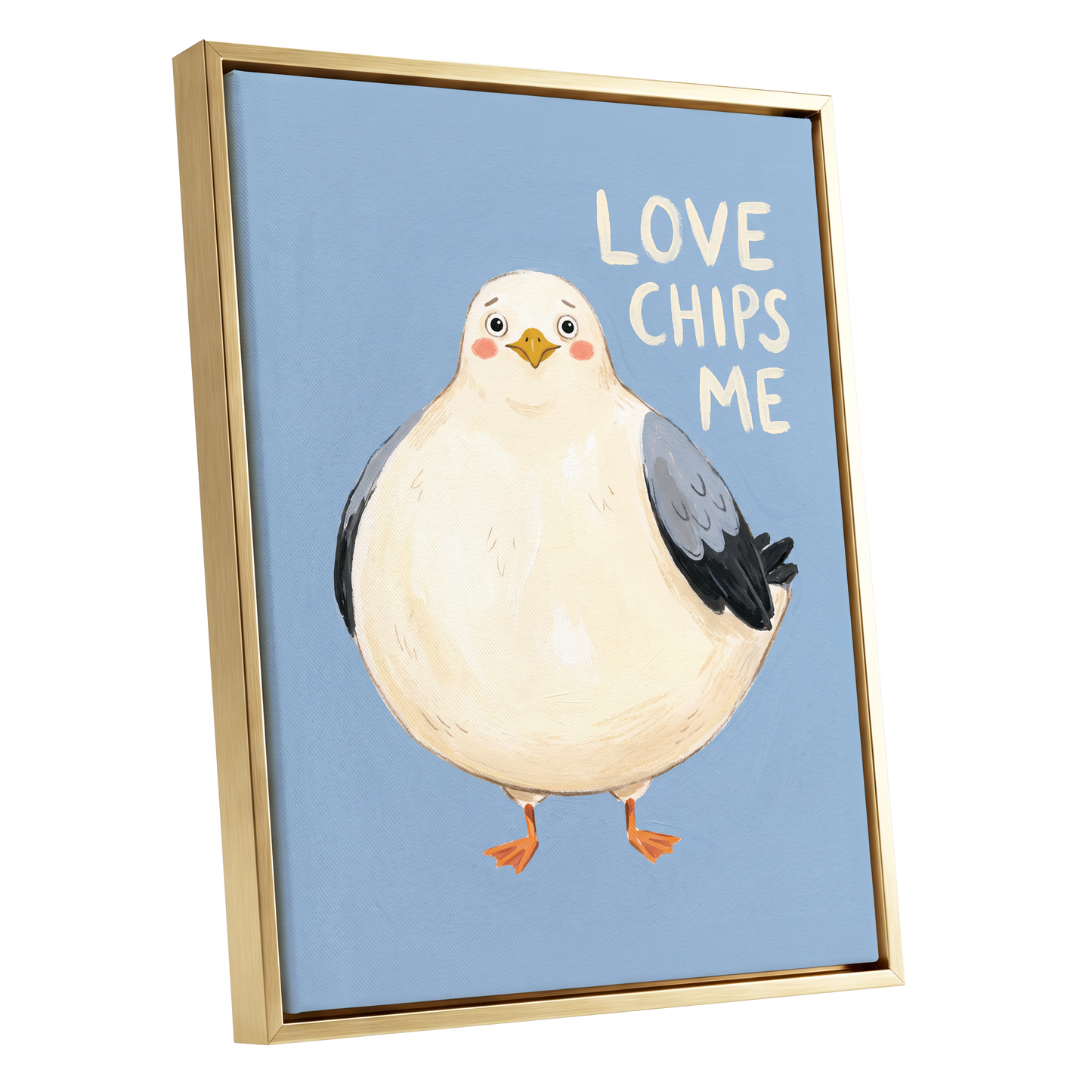 Chips, Please!, blue, white, beige nature wall art shown as a gold framed canvas wall art