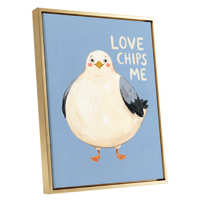 Chips, Please!, blue, white, beige nature wall art shown as a gold framed canvas wall art
