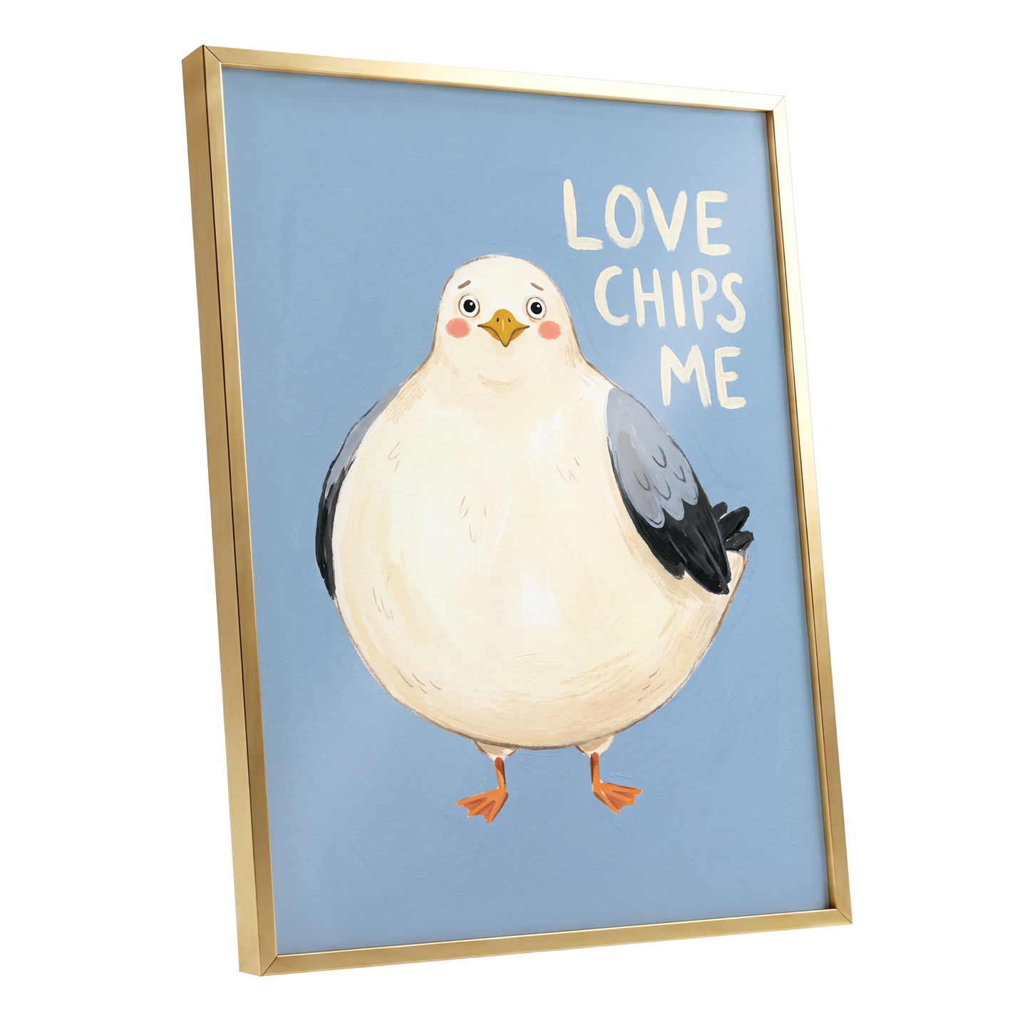 Chips, Please!, blue, white, beige nature wall art shown as a gold framed poster wall art print