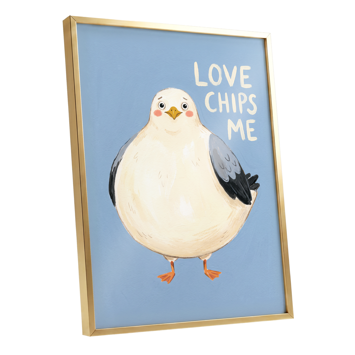 Chips, Please!, blue, white, beige nature wall art shown as a gold framed poster wall art print