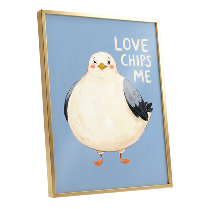 Chips, Please!, blue, white, beige nature wall art shown as a gold framed poster wall art print