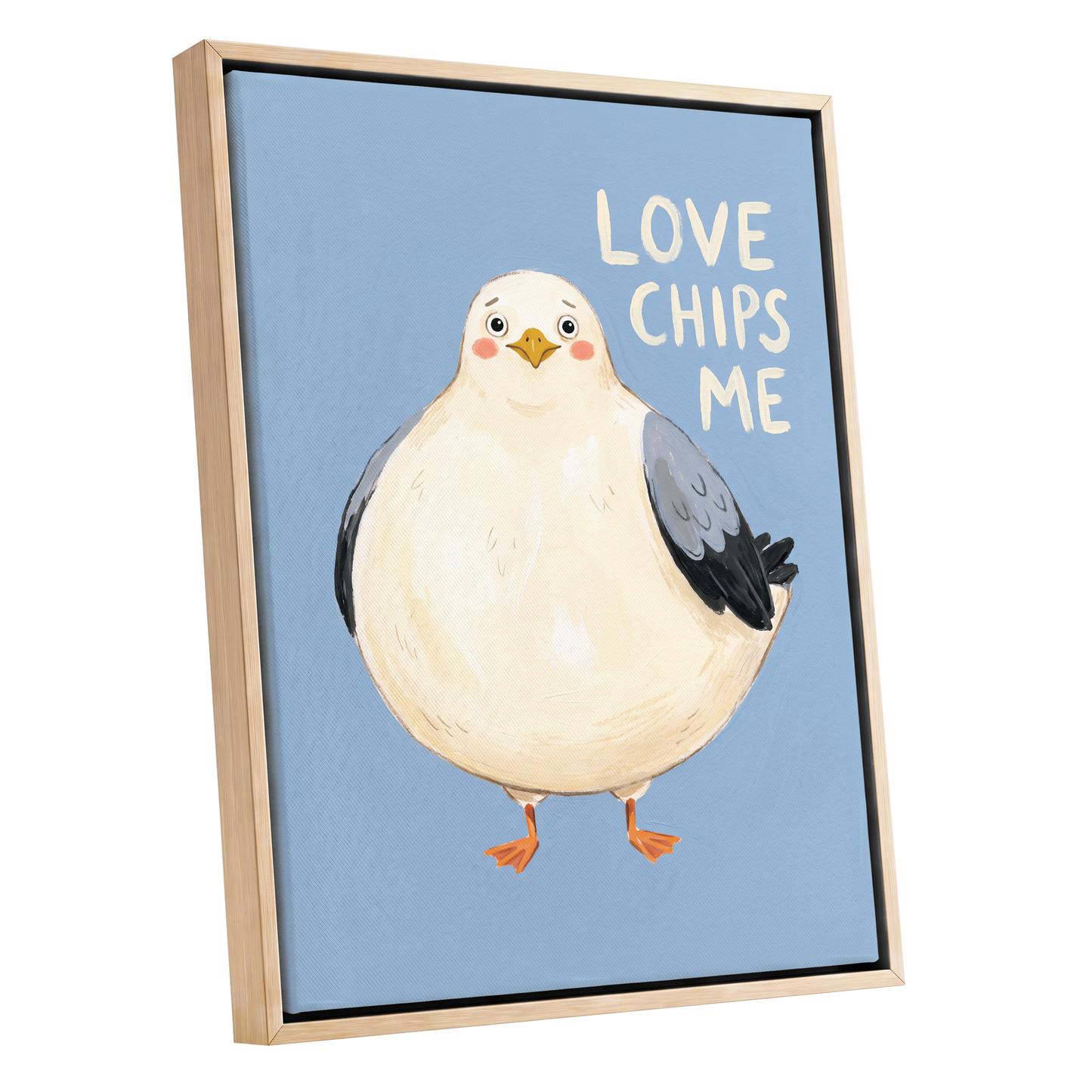 Chips, Please!, blue, white, beige nature wall art shown as a oak framed canvas wall art