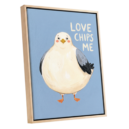 Chips, Please!, blue, white, beige nature wall art shown as a oak framed canvas wall art
