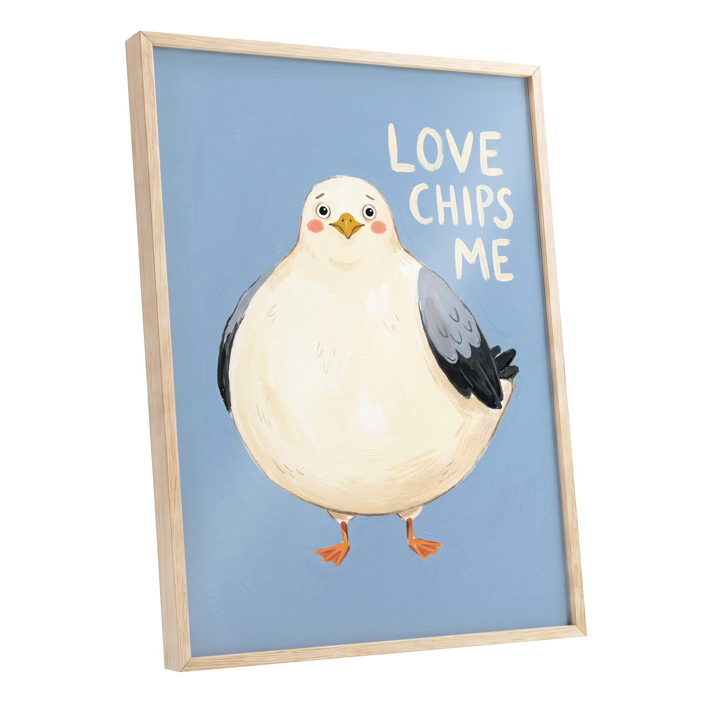 Chips, Please!, blue, white, beige nature wall art shown as a oak framed poster wall art print