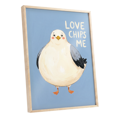 Chips, Please!, blue, white, beige nature wall art shown as a oak framed poster wall art print