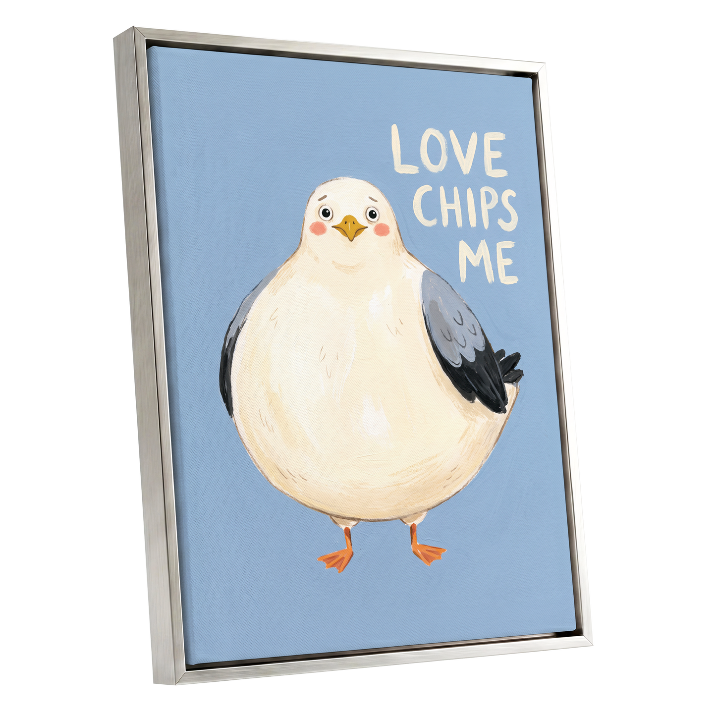 Chips, Please!, blue, white, beige nature wall art shown as a silver framed canvas wall art