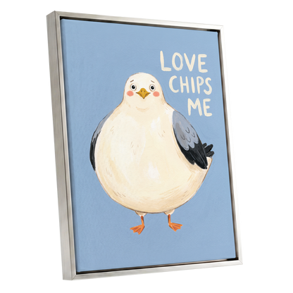 Chips, Please!, blue, white, beige nature wall art shown as a silver framed canvas wall art