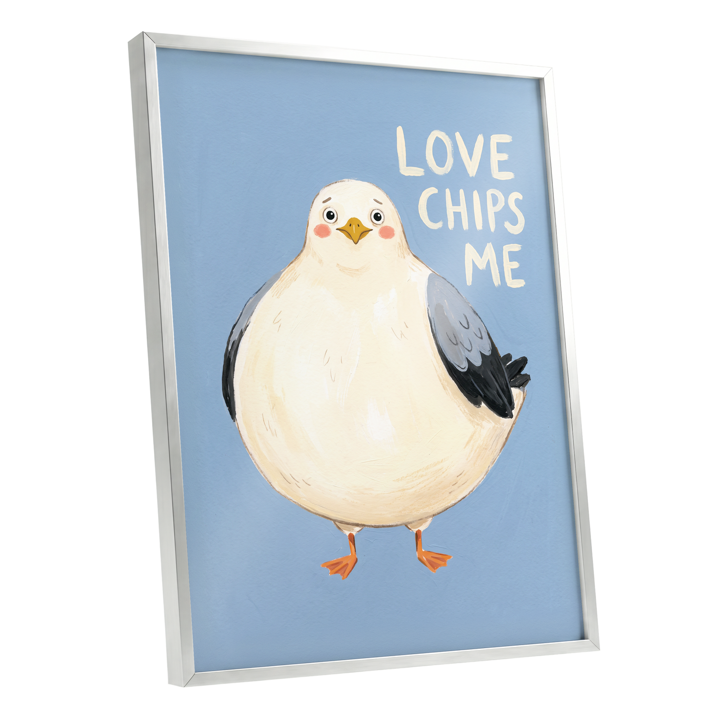 Chips, Please!, blue, white, beige nature wall art shown as a silver framed poster wall art print